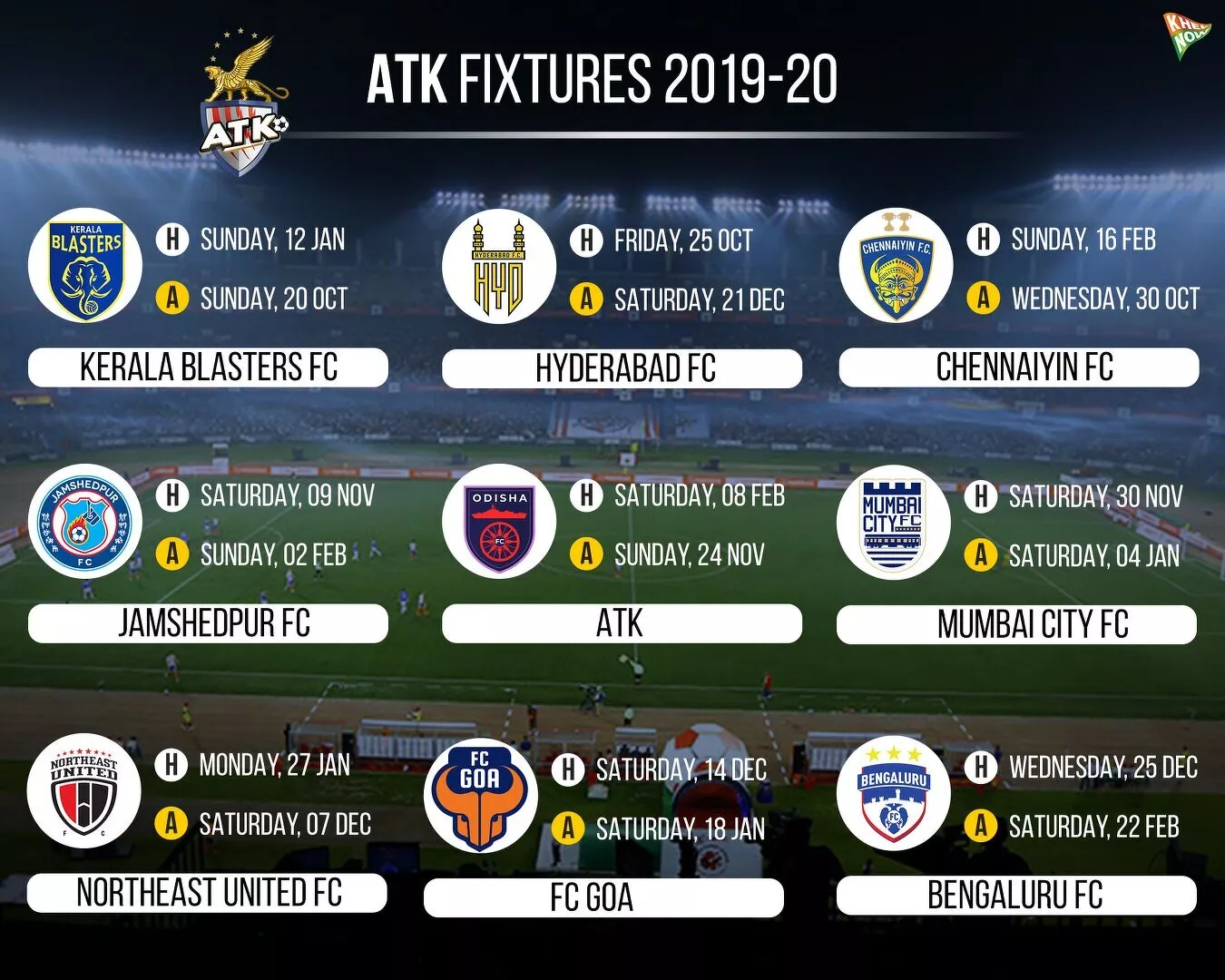 ATK schedule in ISL 2019-20 season