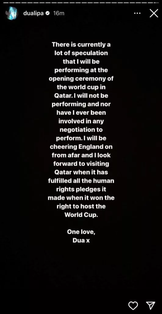 Dua Lipa confirms she won't be performing at 2022 FIFA World Cup opening ceremony