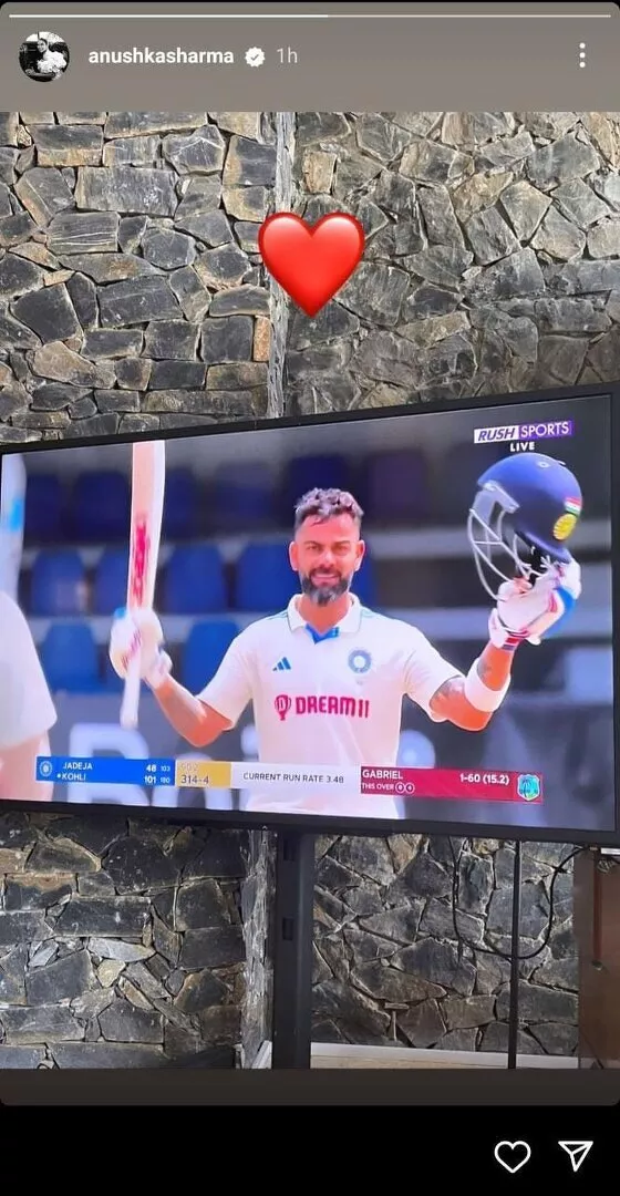 Anushka Sharma posted a story on Instagram reacting to husband Virat Kohli's century against West Indies