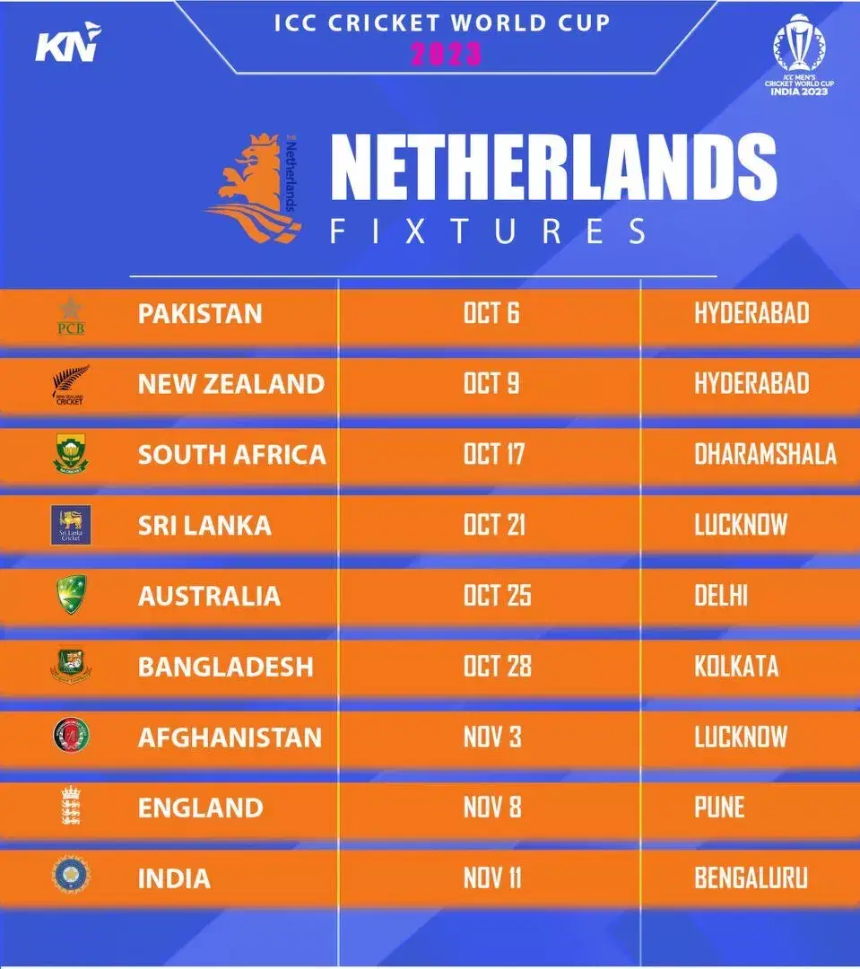 Netherlands schedule for ICC Men's Cricket World Cup 2023