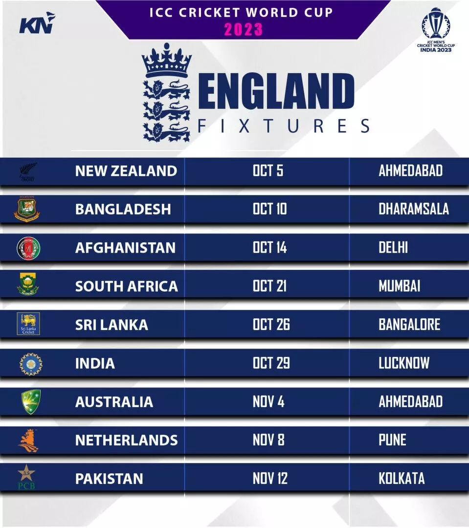 England fixtures for ICC Cricket World Cup 2023