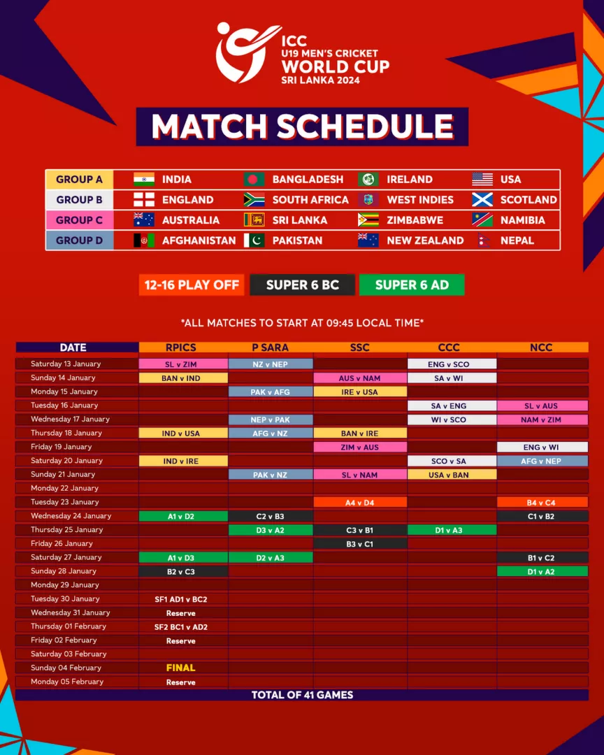 ICC announces schedule for ICC U19 Cricket World Cup 2024 Sri Lanka