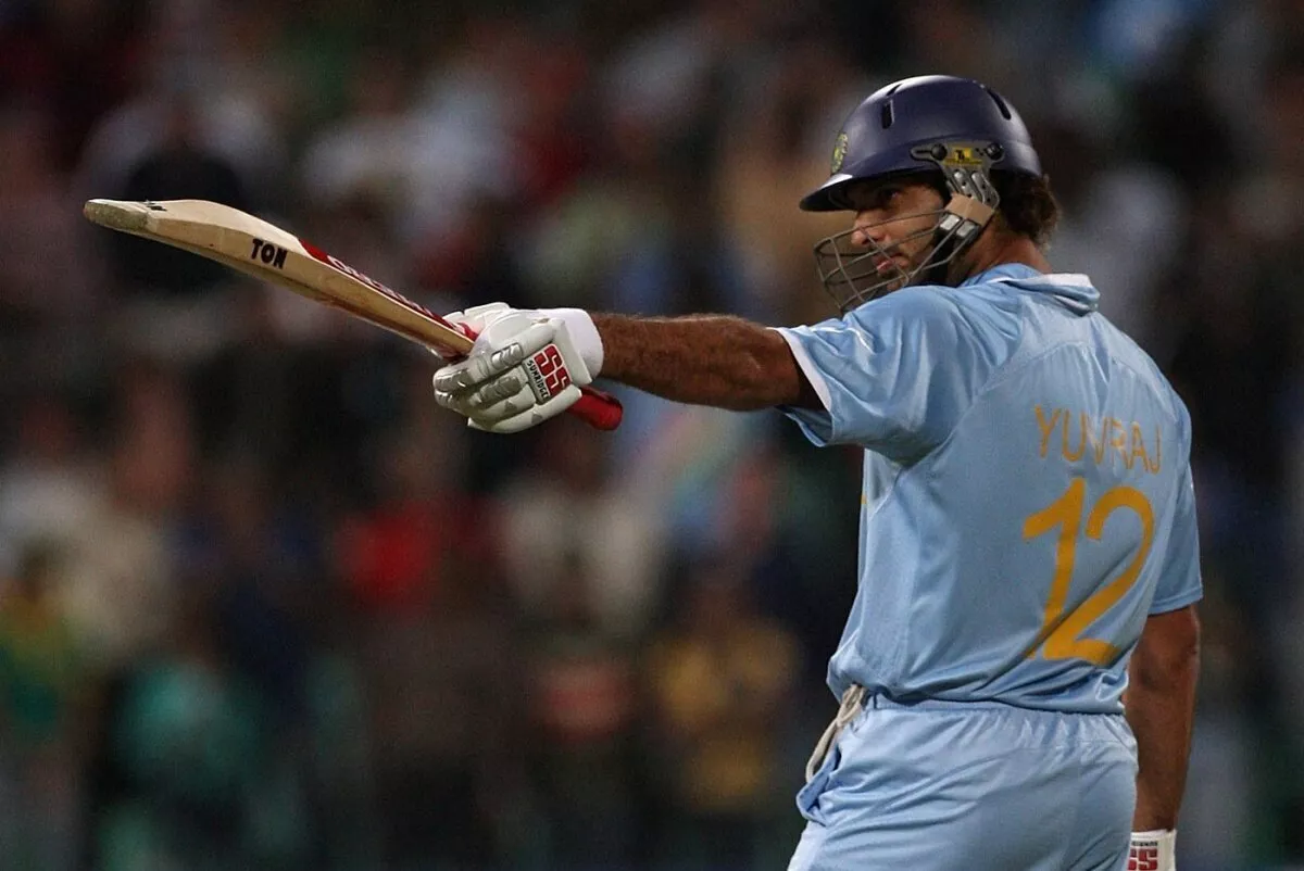 Yuvraj Singh celebrates his 12-ball fifty against England