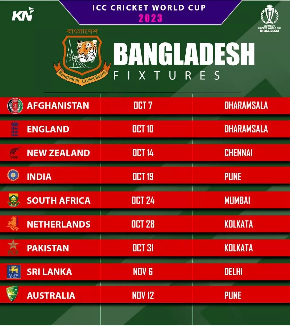 Bangladesh fixtures for ICC Cricket World Cup 2023