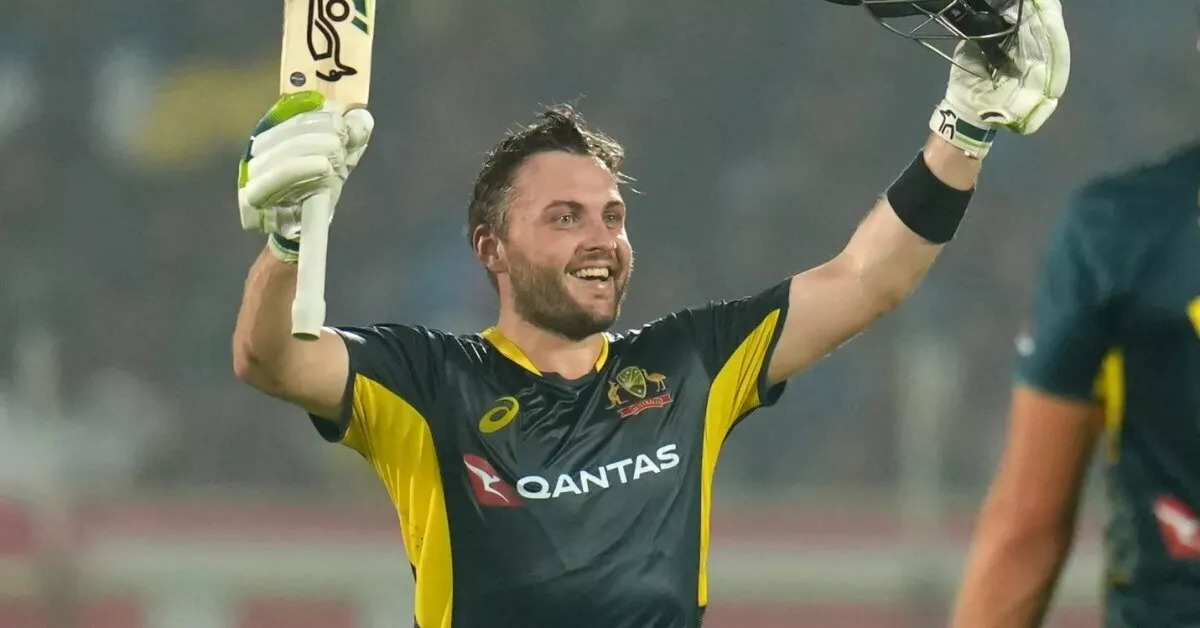 Josh Inglis celebrates his T20I century against India