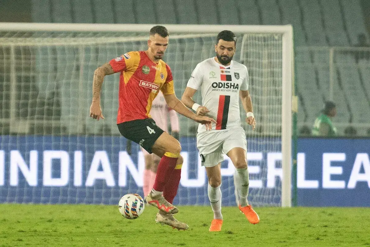 Jose Antonio Pardo Lucas of East Bengal FC and Ahmed Jahouh of Odisha FC in action during the Indian Super League (ISL) 2023-24 season, match 62 played between East Bengal FC and Odisha FC held at the Vivekananda Yuba Bharati Krirangan, Kolkata on December 22, 2023.