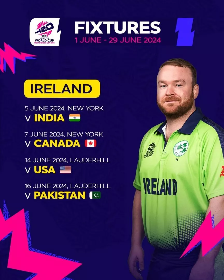 Ireland Schedule for ICC T20 World Cup 2024, Fixtures, Dates, Venues