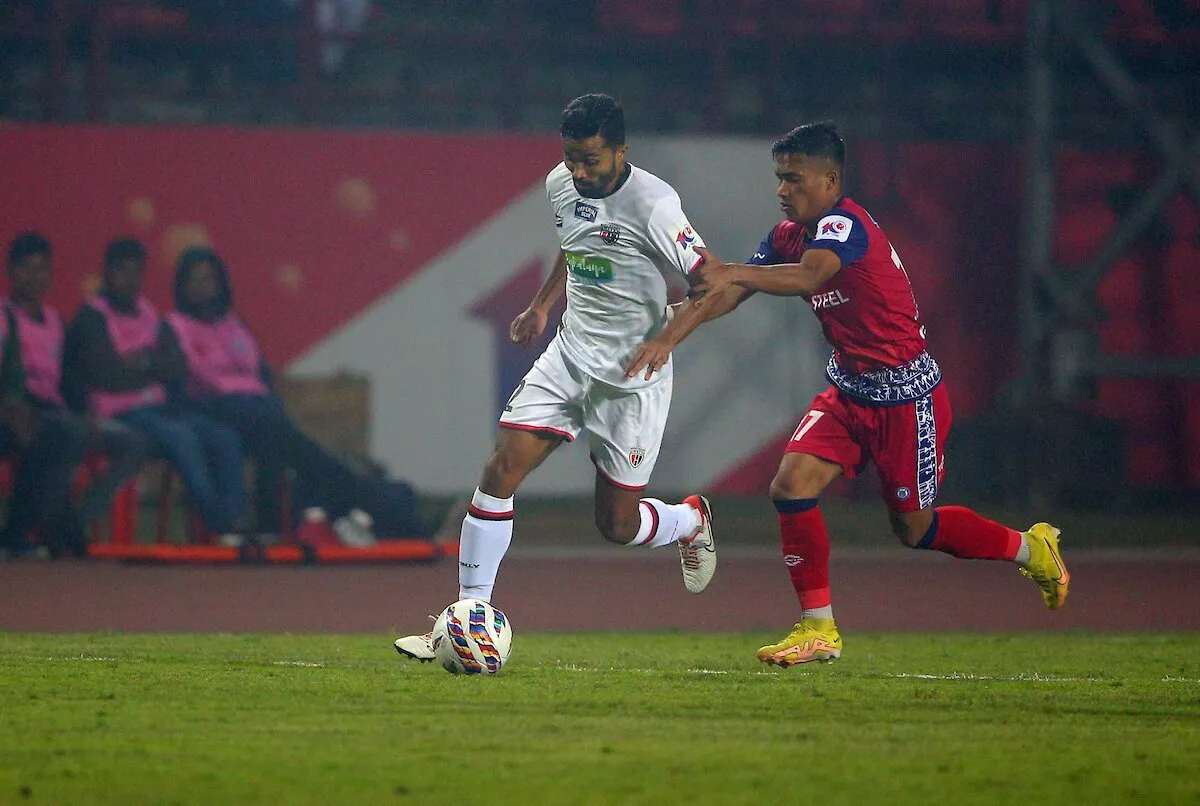 Players of Jamshedpur FC and of NorthEast United FC in action during Match No.69 of the Indian Super League (ISL) 2023-24 season played between Jamshedpur FC and of NorthEast United FC held at the JRD TATA Sports complex, Jamshedpur.