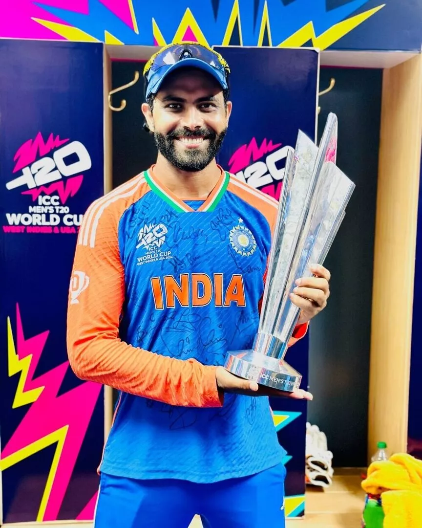 Ravindra Jadeja poses with the ICC T20 World Cup 2024 trophy