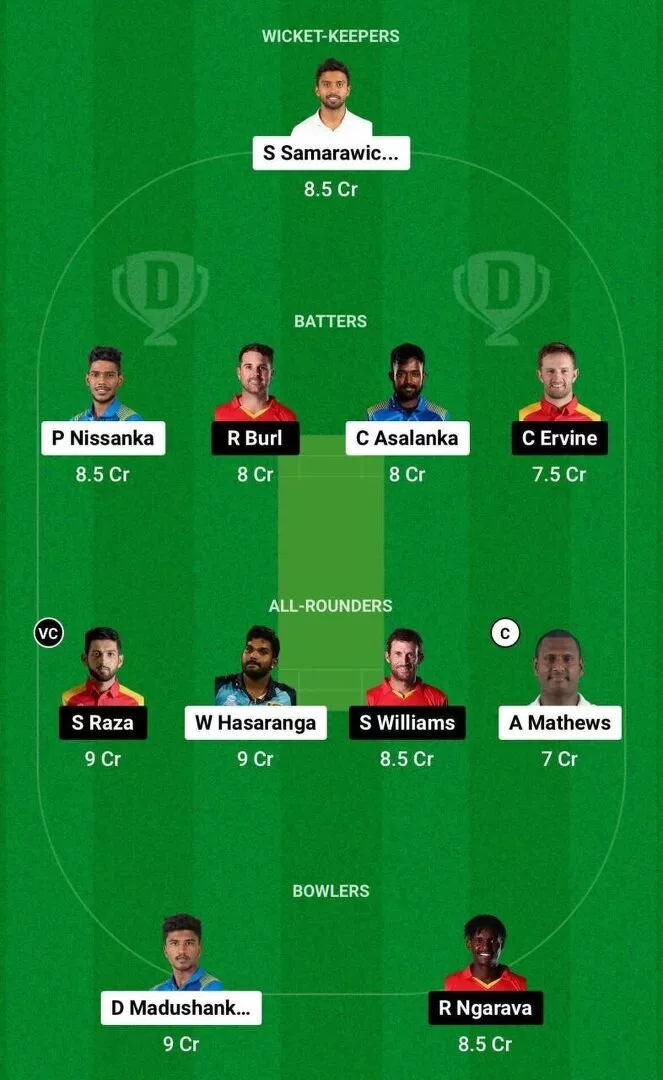 SL vs ZIM Dream11 2nd T20I Team 1