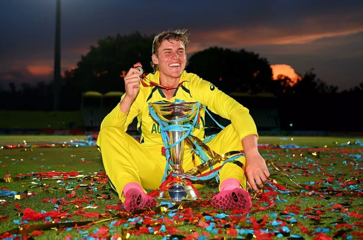 Harry Dixon celebrates after winning the ICC U19 World Cup 2024
