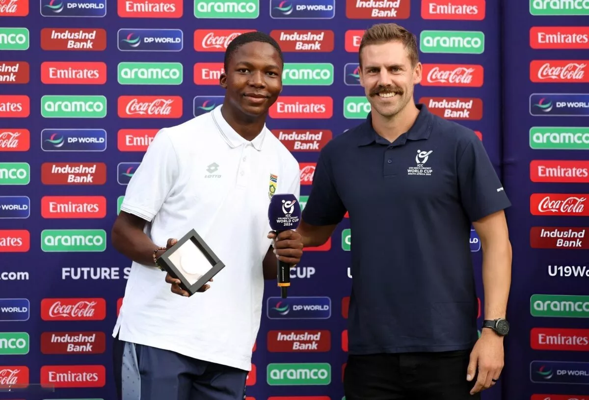 Kwena Maphaka receives 'Player of the Tournament' award from Anrich Nortje