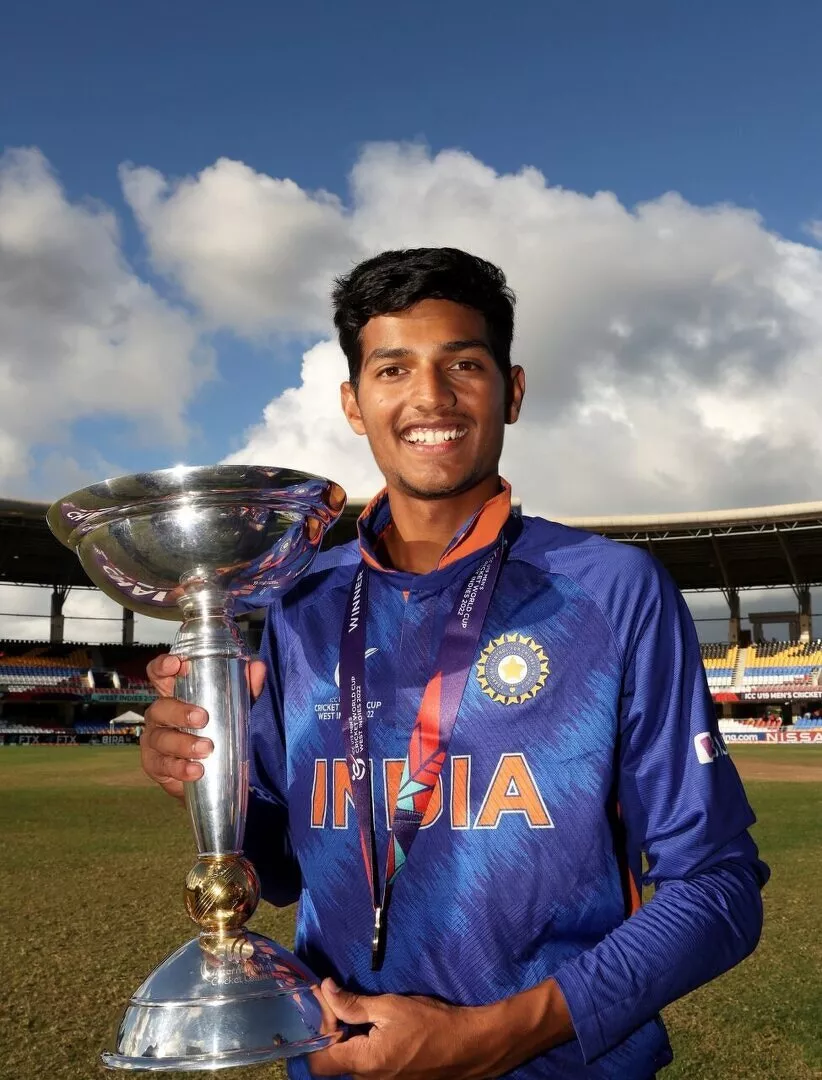 Yash Dhull with the ICC U19 World Cup 2022 trophy