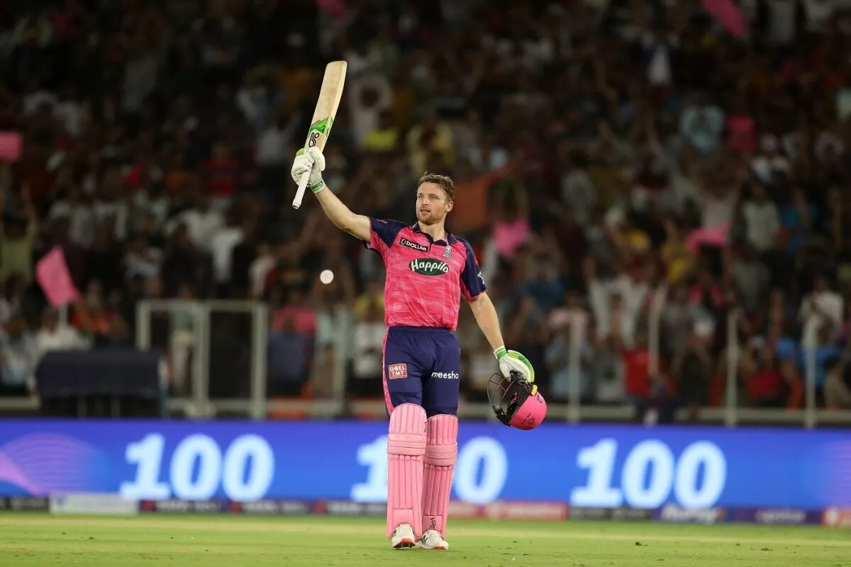Jos Buttler celebrates a hundred in the IPL