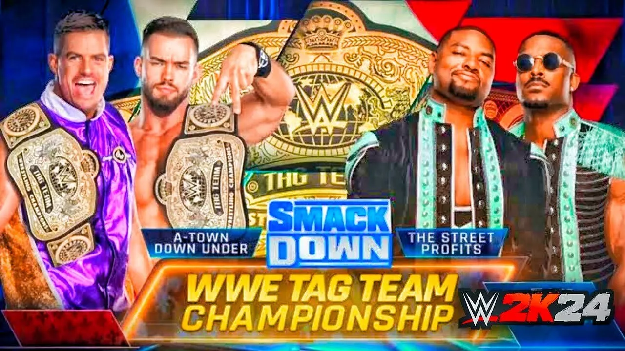 Pertandingan Kejuaraan Tim Tag WWE- Teori Austin & Grayson Waller (tengah) vs The Street Profits