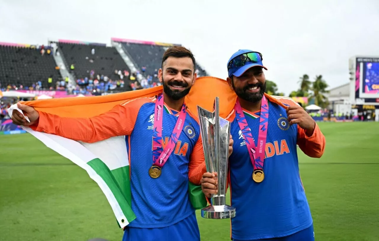 Virat Kohli, Rohit Sharma pose with the ICC T20 World Cup 2024 trophy