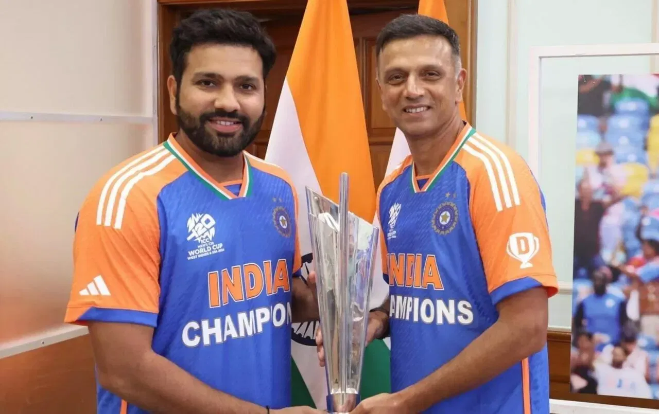 Rohit Sharma, Rahul Dravid pose with the ICC T20 World Cup 2024 trophy