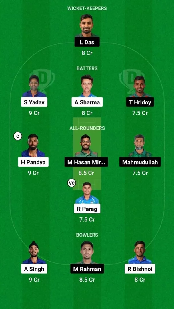 IND vs BAN 1st T20I Dream11 Team 2