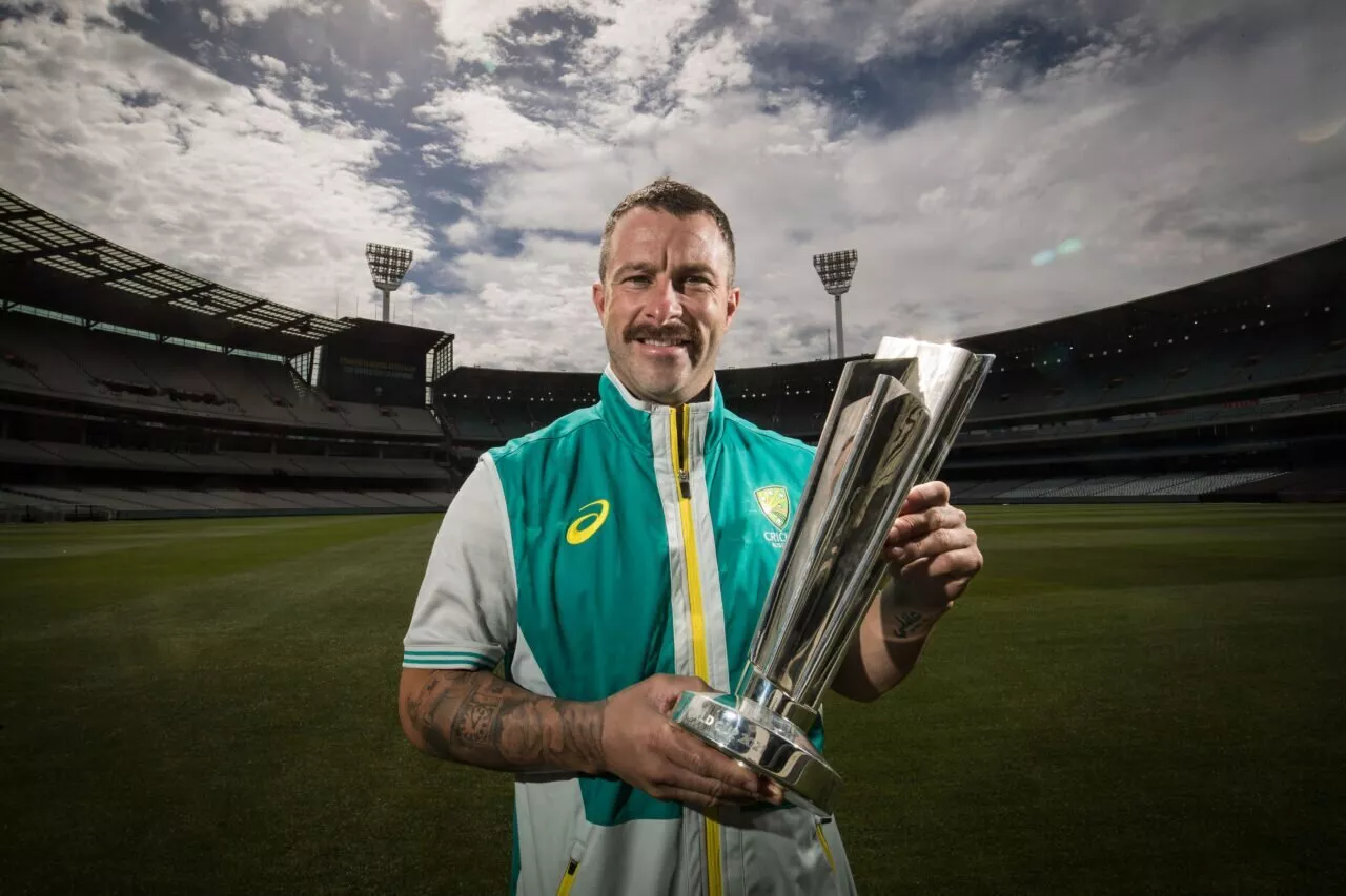 Matthew Wade poses with the ICC T20 World Cup 2021 trophy