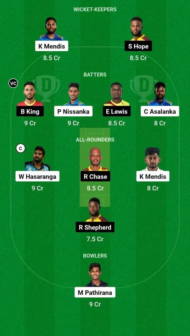 SL vs WI 2nd T20I Dream11 Team 1