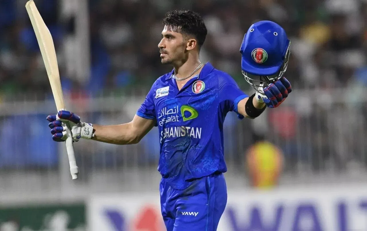 Rahmanullah Gurbaz celebrates his ODI 100