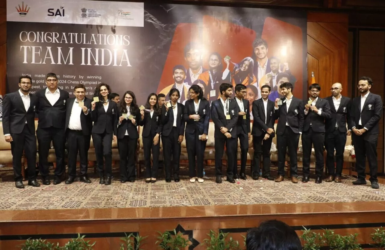 Victorious Indian chess team at a felicitation ceremony by All India Chess Federation