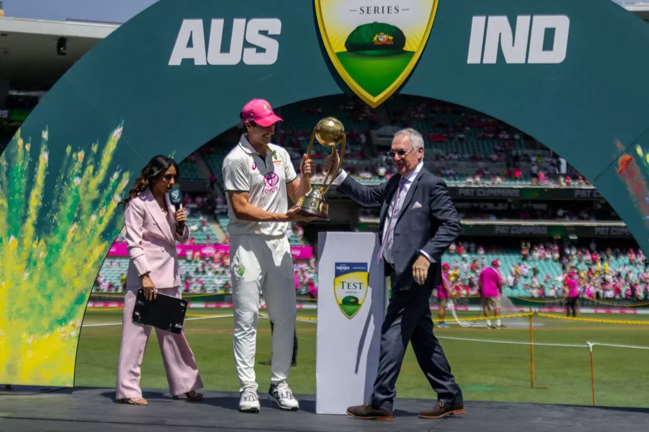 Allan Border presents Border-Gavaskar Trophy to Australia captain Pat Cummins, Sunil Gavaskar,