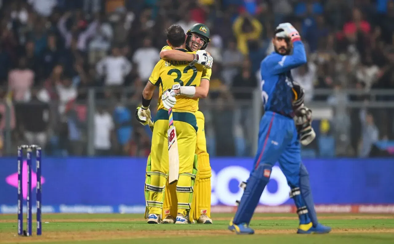 Australia celebrate after defeating Afghanistan in ICC Cricket World Cup 2023 encounter in Mumbai