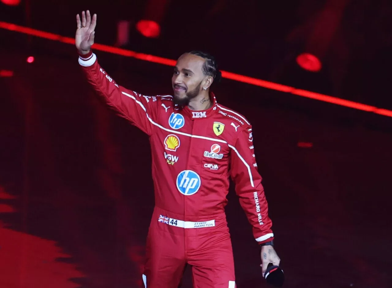 LONDON, ENGLAND - FEBRUARY 18: Lewis Hamilton of Great Britain and Scuderia Ferrari waves to the crowd during F1 75 Live at The O2 Arena on February 18, 2025 in London, England. (Photo by Clive Rose - Formula 1/Formula 1 via Getty Images)