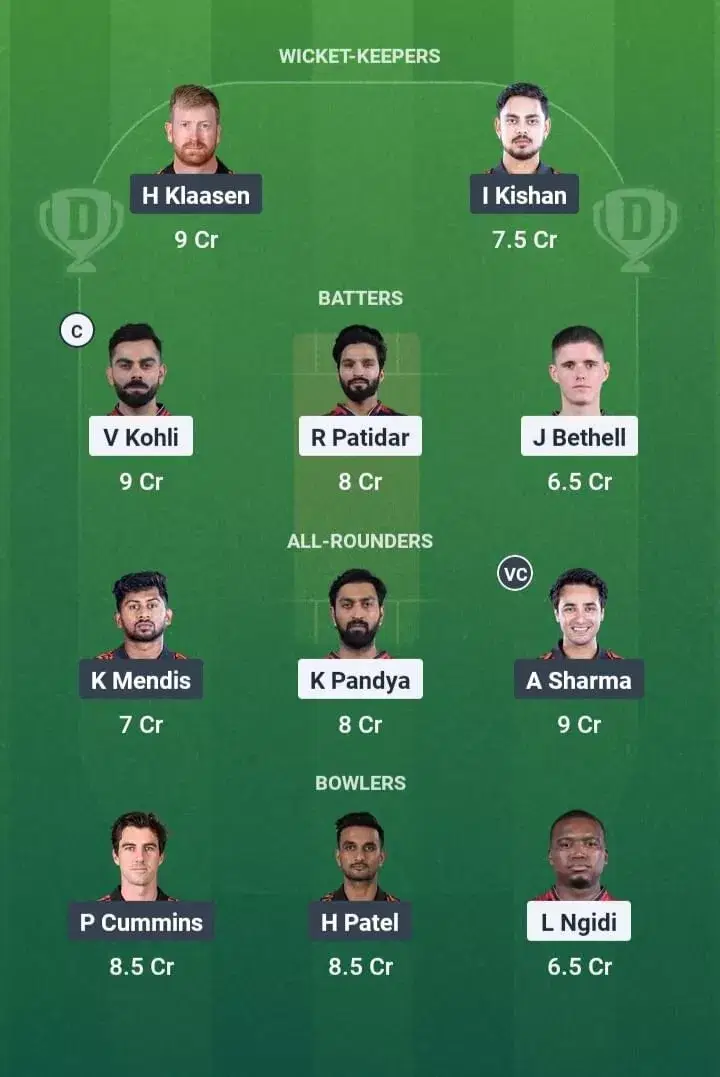 RCB vs SRH Dream11 Prediction, Dream11 Playing XI, Today Match 65, IPL 2025 (Indian T20 League)