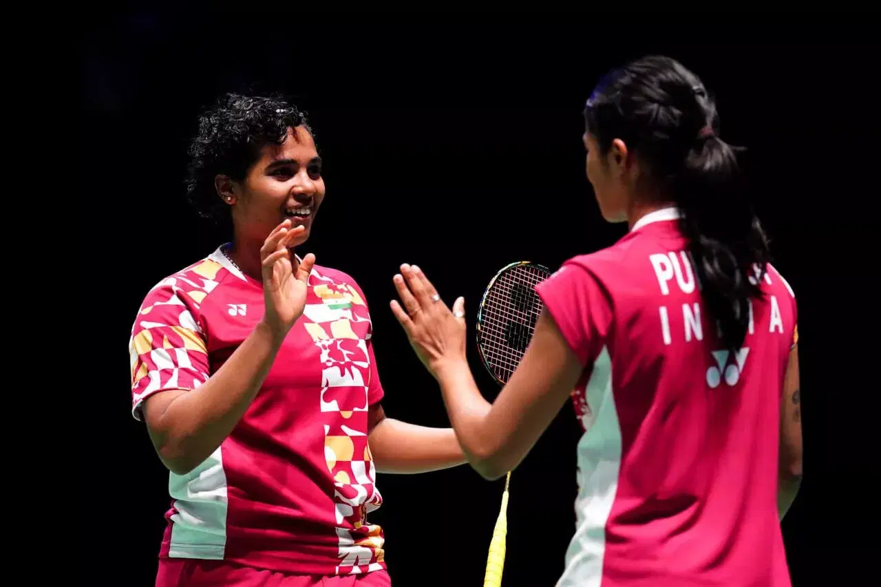 India's Gayatri Gopichand Pullela (right) and Treesa Jolly in action against China's Li Wen Mei and Liu Xuan Xuan (not pictured) during day four of the YONEX All England Open Badminton Championships at the Utilita Arena Birmingham. Picture date: Friday March 17, 2023. (Photo by Zac Goodwin/PA Images via Getty Images)