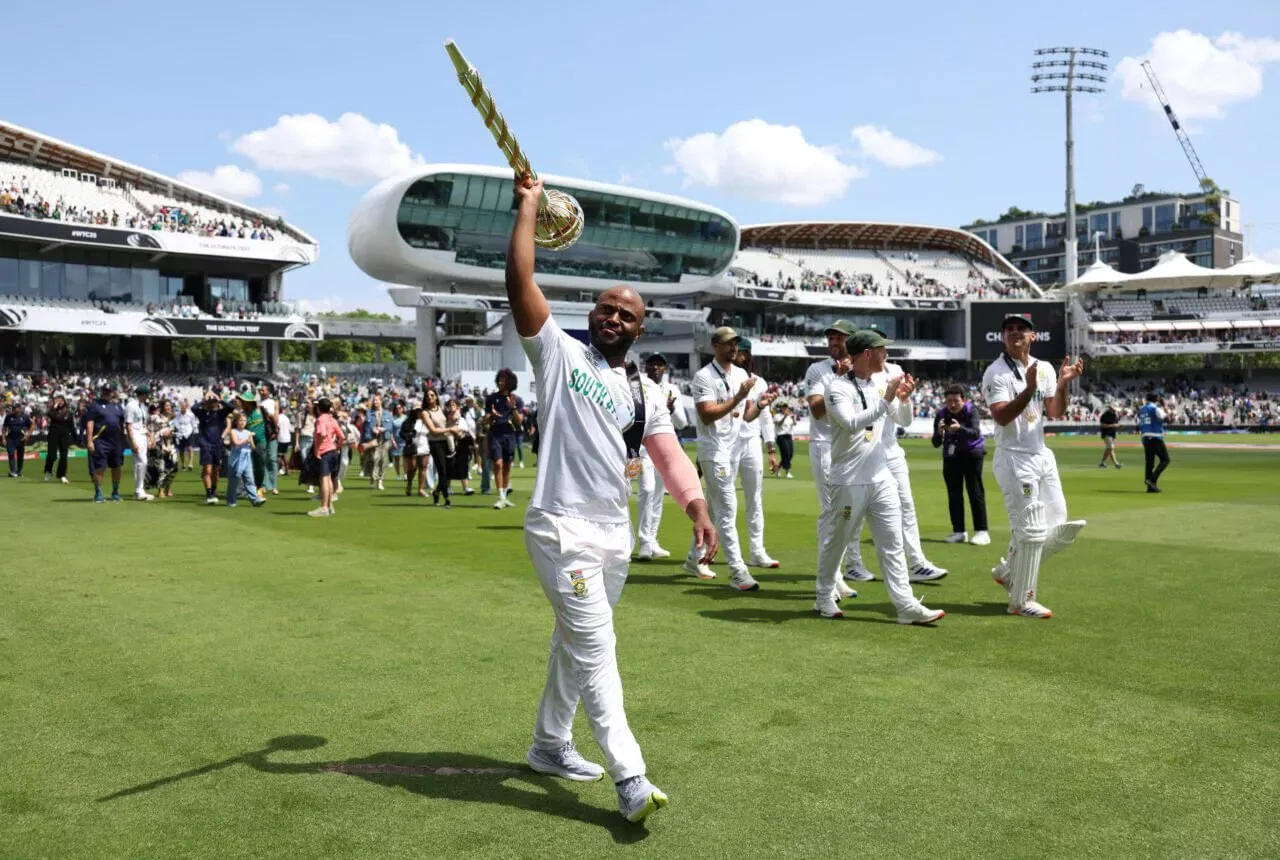 Temba Bavuma, South Africa captain Temba Bavuma celebrates with the ICC test mace
