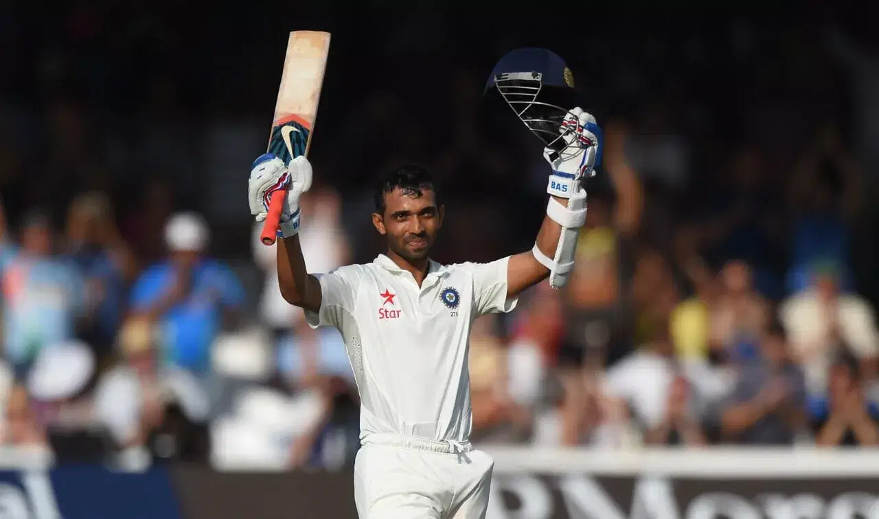 Ajinkya Rahane celebrates his test hundred at the Lord's