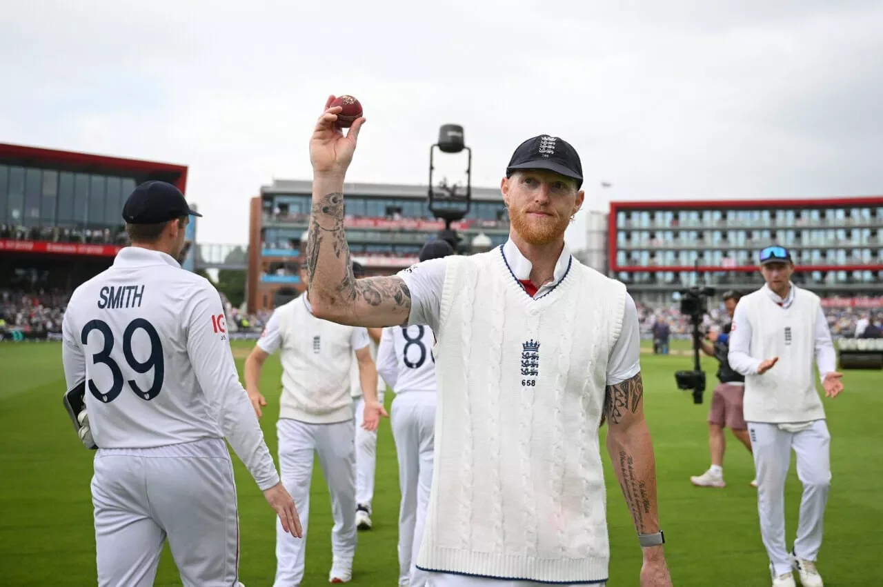 Ben Stokes celebrates his 5-fer in Manchester test