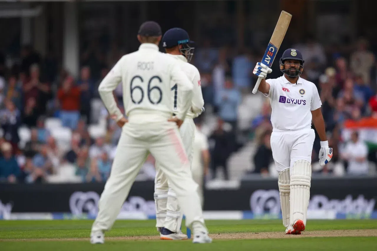 Rohit Sharma celebrates his hundred at The Oval in 2021