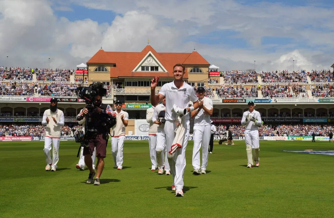 Stuart Broad celebrates his 8/15 at Trent Bridge