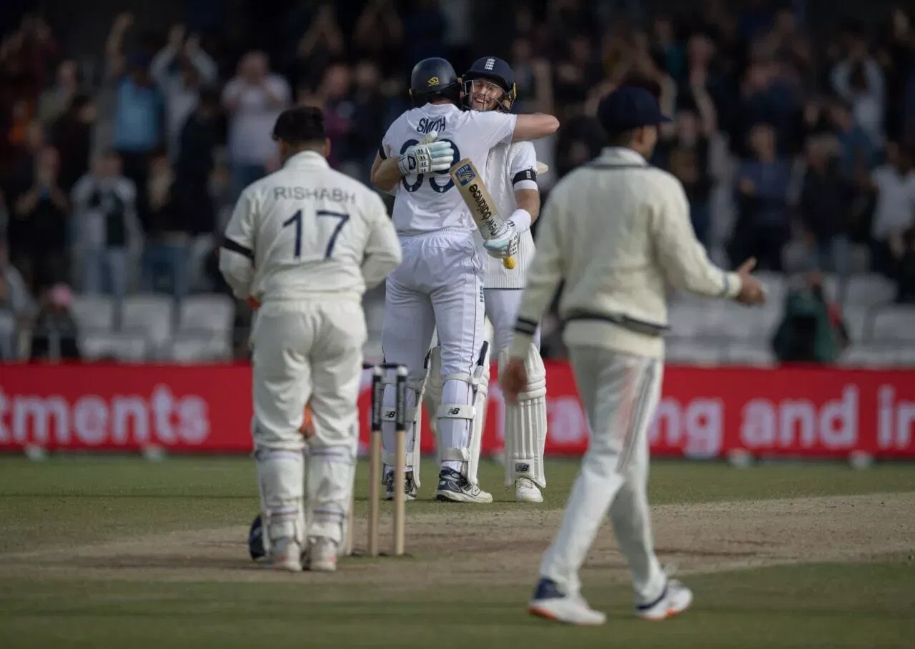 England celebrate after winning the first test against India at Headingley, Leeds in 2025