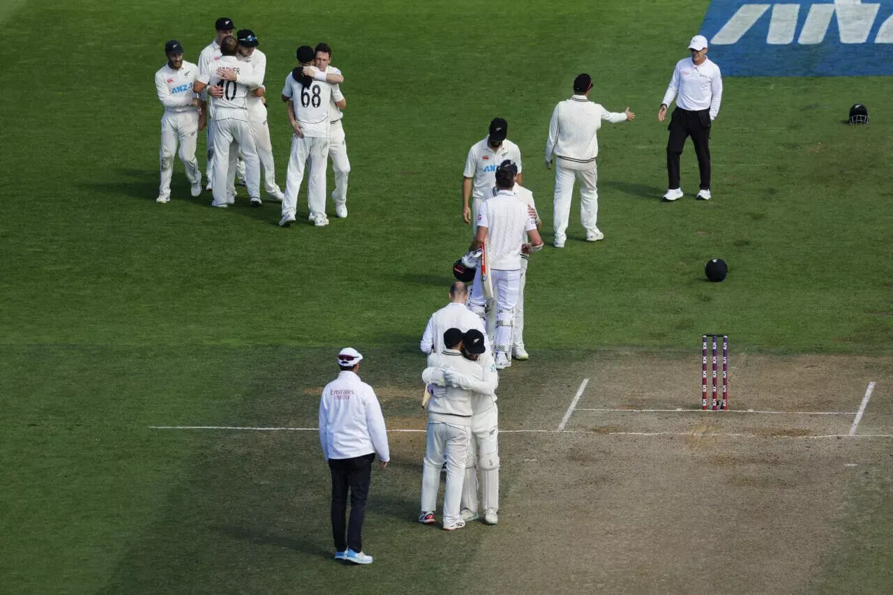 New Zealand celebrate after defeating England in Wellington test, 2023
