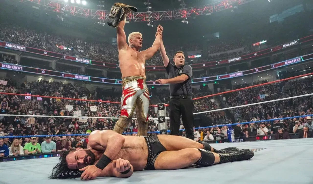 Cody Rhodes celebrate's his win during WWE Saturday Night's Main Event