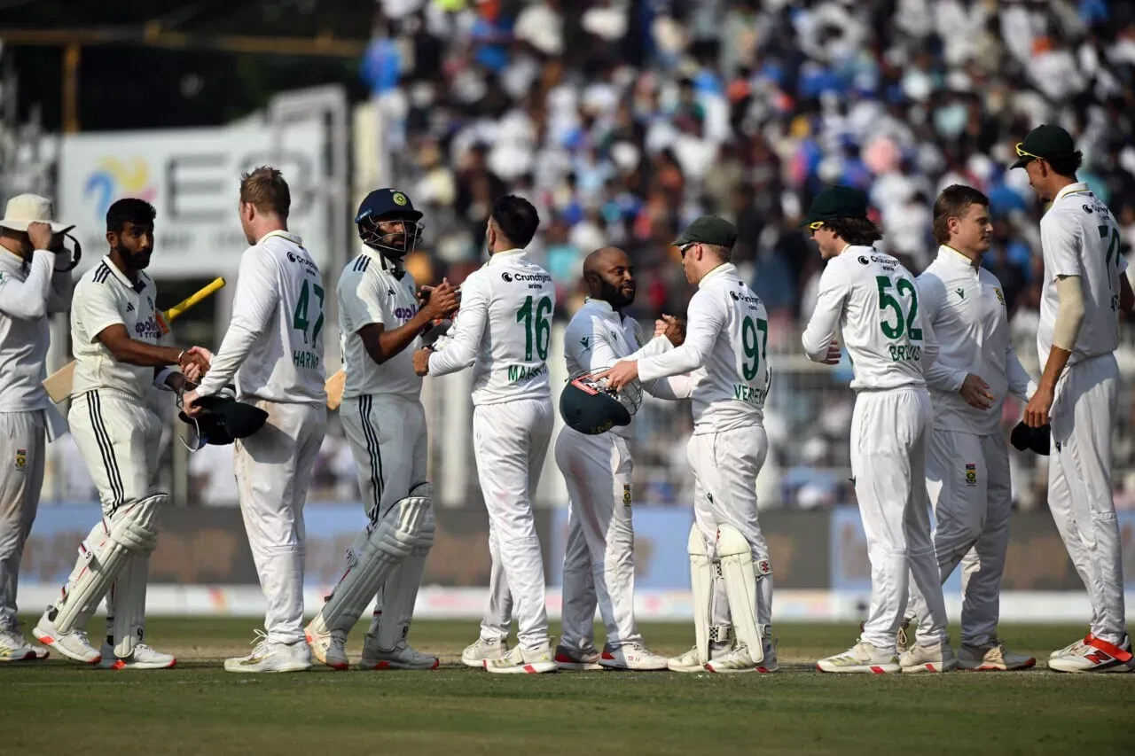 South Africa celebrate after defeating India in the Kolkata test, 2025
