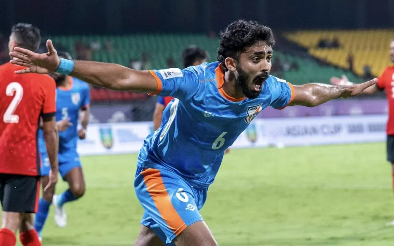 Akash Mishra celebrating his goal for the Indian NT against Hong Kong