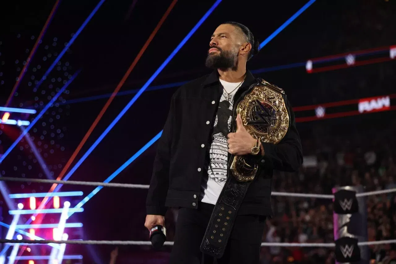 Roman Reigns enters the arena during Monday Night RAW at T-Mobile Arena on April 20, 2026 in Las Vegas, Nevada. (Photo by Melina Pizano/WWE Via Getty Images)