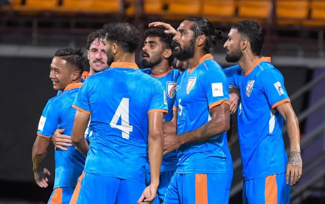 Indian national team players celebrating Akash Mishra's goal against Hong Kong