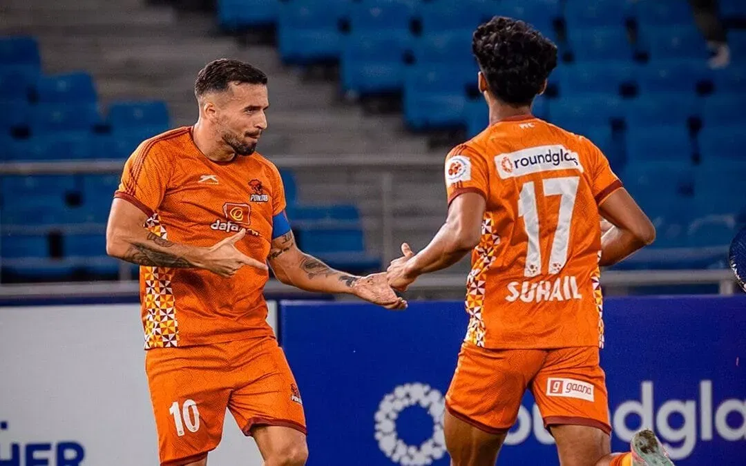 Punjab FC midfielder Dani Ramirez celebrating his goal with Muhammad Suhail
