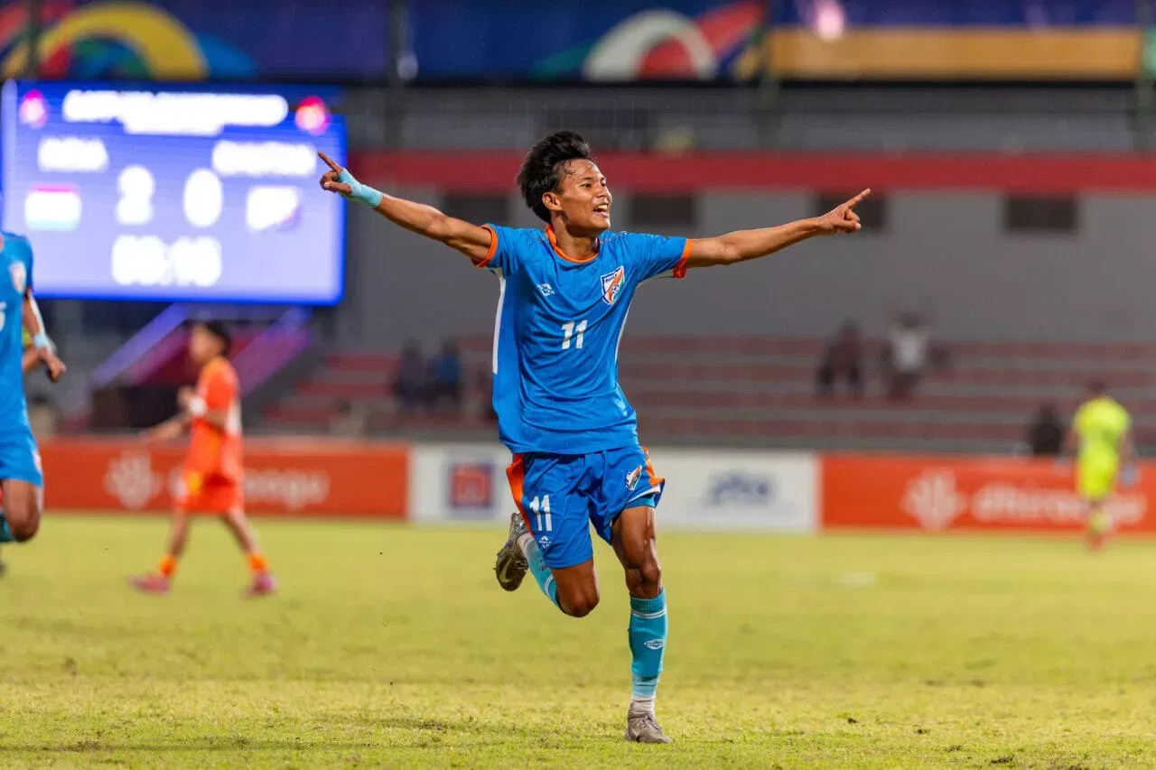 Rohen Singh celebrating his brace for India U20