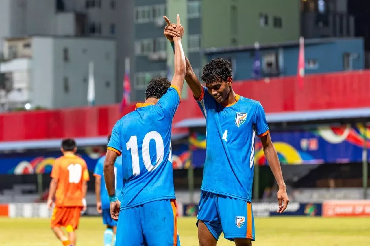 Arbash celebrating his goal with Vishal Yadav for India U-20 in SAFF U-20 Championship 2026