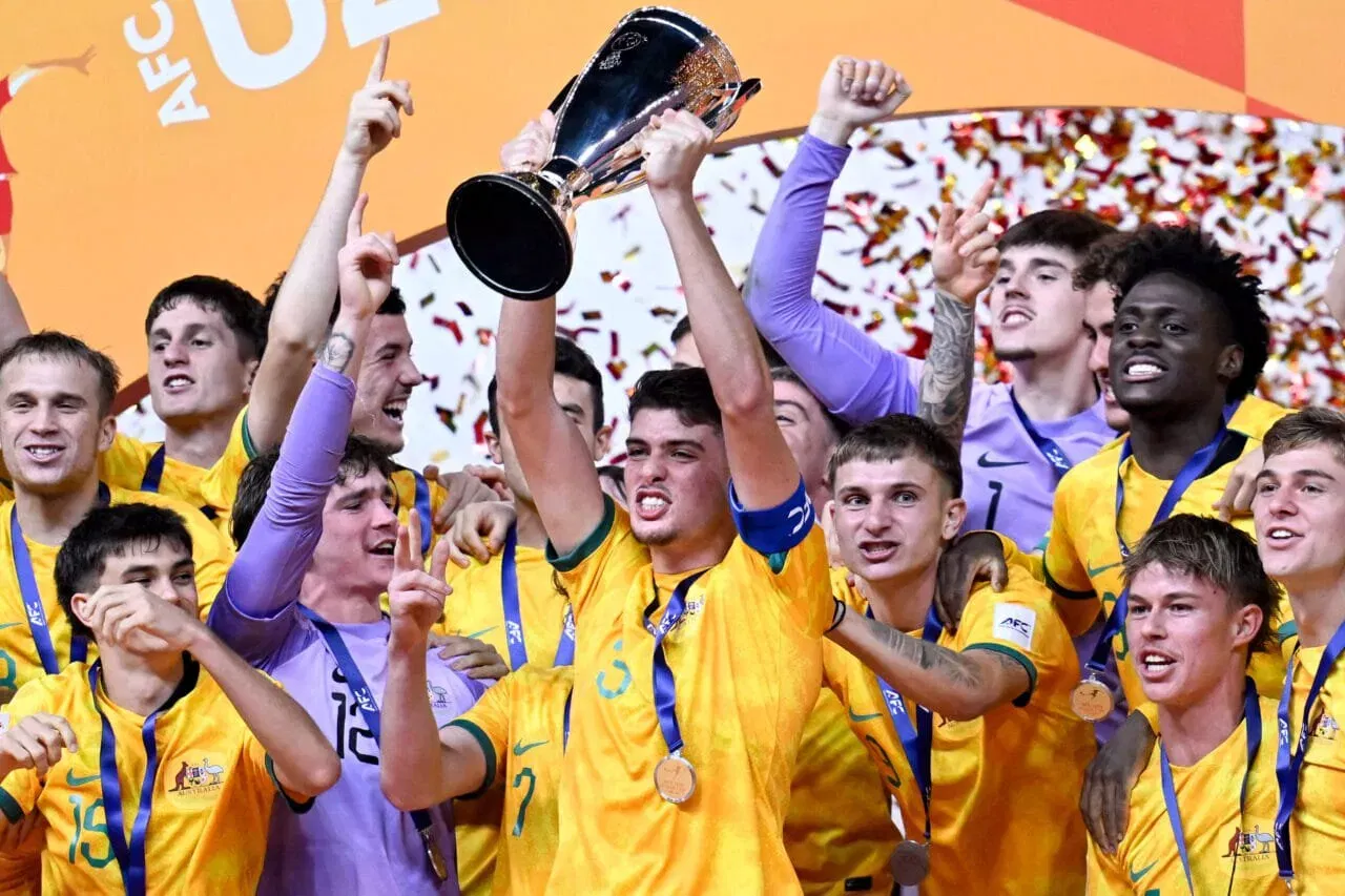 Australia U-20 players celebrating winning the 2025 AFC U-20 Asian Cup