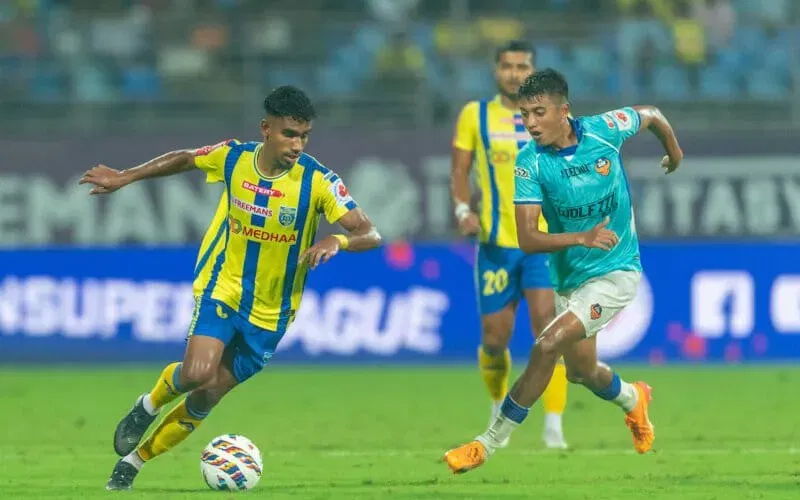 Vibin Mohanan of Kerala Blasters FC & Ayush Dev Chhetri of FC Goa In action during match 55 of the Indian Super League (ISL) 2024 -25 season played between Kerala Blasters FC vs  FC Goa  held at the Jawaharlal Nehru Stadium  in Kerala on 28th November  2024.