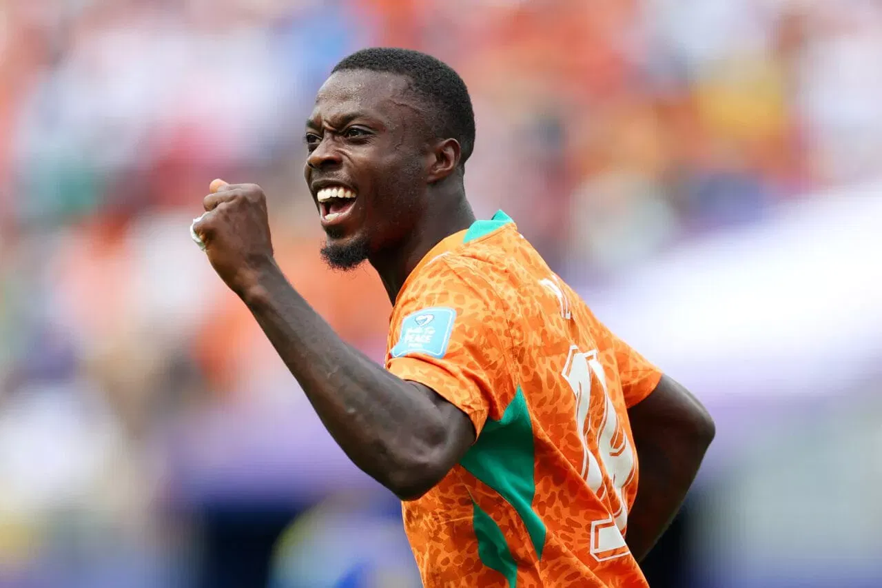 PHILADELPHIA, PENNSYLVANIA - JUNE 25: Nicolas Pepe #19 of Cote d'Ivoire celebrates scoring his team's first goal during the FIFA World Cup 2026 Group E match between Curacao and Cote D'Ivoire at Philadelphia Stadium on June 25, 2026 in Philadelphia, Pennsylvania. (Photo by Sean M. Haffey - FIFA/FIFA via Getty Images)