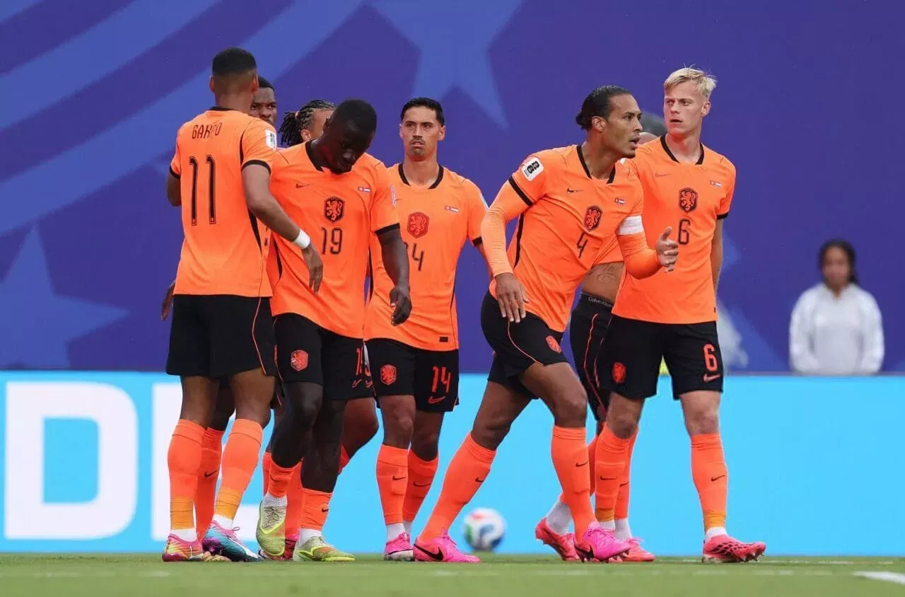 KANSAS CITY, MISSOURI - JUNE 25: Brian Brobbey #19 of Netherlands celebrates with teammates after scoring the team's second goal during the FIFA World Cup 2026 Group F match between Tunisia and Netherlands at Kansas City Stadium on June 25, 2026 in Kansas City, Missouri. (Photo by Alex Pantling - FIFA/FIFA via Getty Images)